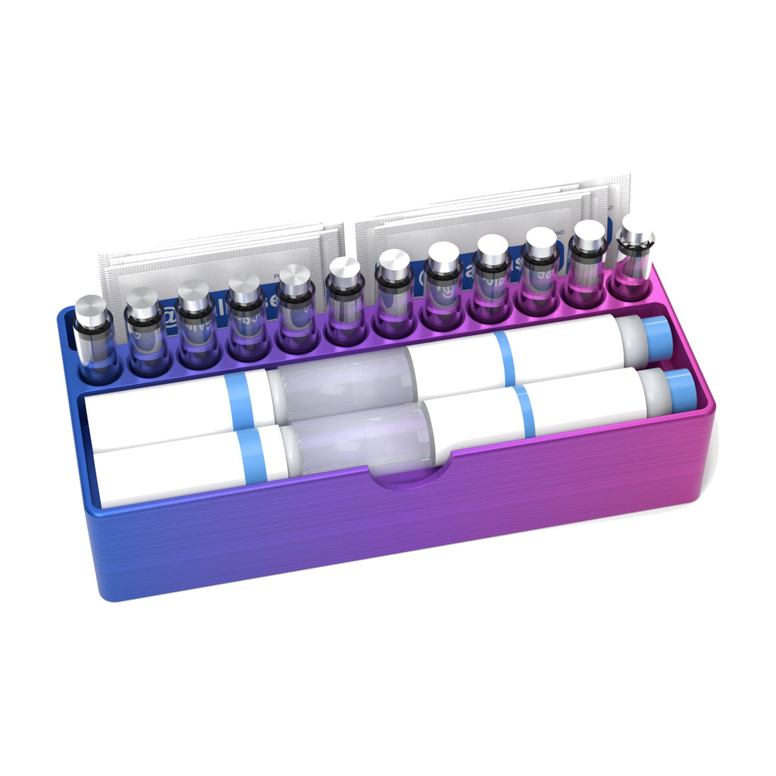 Staged: VialCase Fridge Tray Pens in RGB Metallic - pens, cartridges and prep pads shown are not included