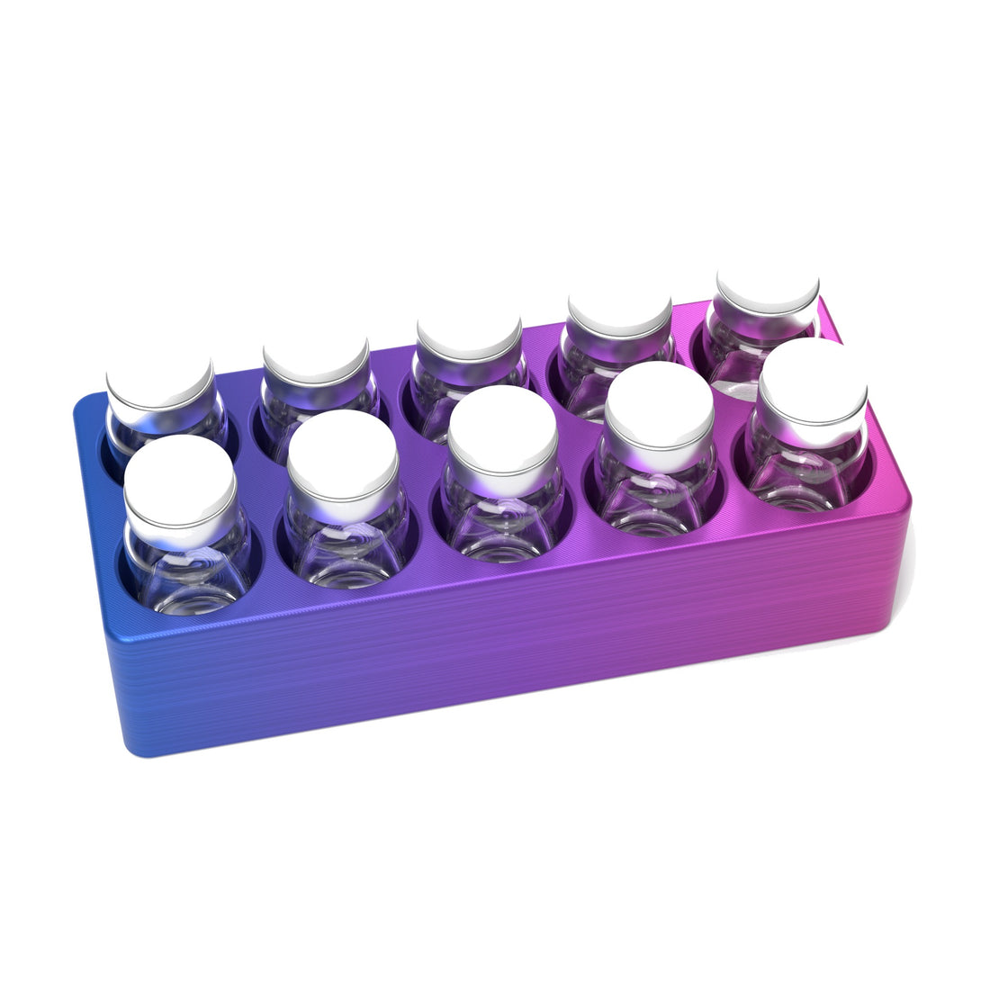 Staged: VialCase Fridge Tray 10 x 10 mL in RGB Metallic - vials shown are not included