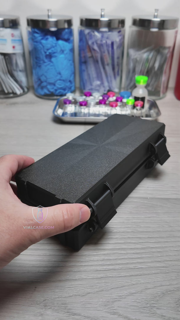 Video showing a hard-shell mixed vial storage case holding 7 x 10 mL vials and 11 x 3 mL vials in an organized layout for storage and travel use.