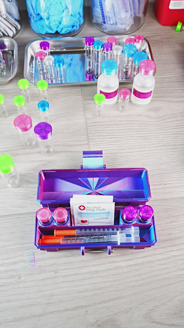 Black hard-shell storage case displaying four organized 10mL vials with additional supply storage compartment in a compact structured layout.