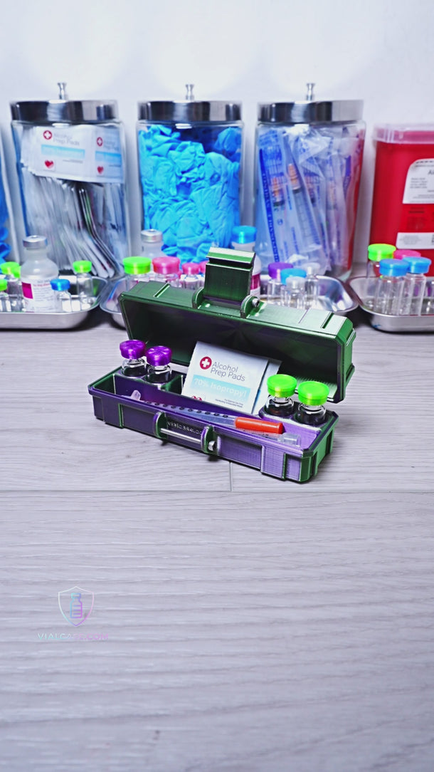 Video showing progression from a small vial case to larger organized storage systems, ending with a high-capacity professional storage case for bulk organization.