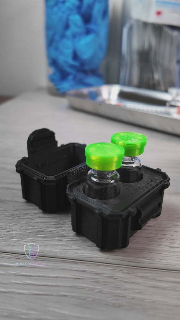 Black vial case with colorful vial caps and supplies
