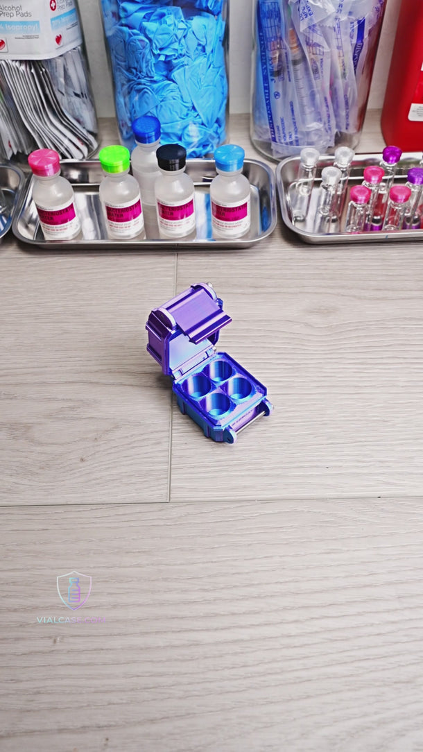 Progression of compact hard-shell vial storage cases increasing from small 3mL layouts to larger mixed-size 3mL and 10mL travel-ready storage systems.