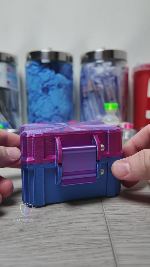 Compact hard-shell 10ml vial storage case shown opening and closing, with vials arranged neatly inside. The case is handled and positioned on a clean surface, demonstrating organization and portability.