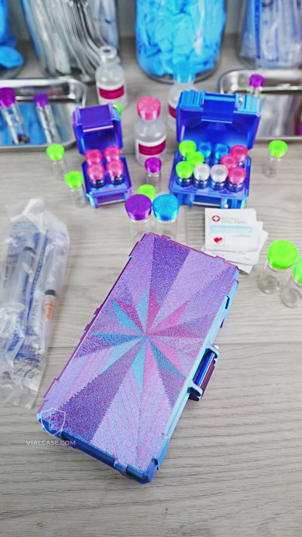 Vial TRT hard-shell storage case displaying six organized 10mL TRT vials in a clean structured layout designed for compact organization.