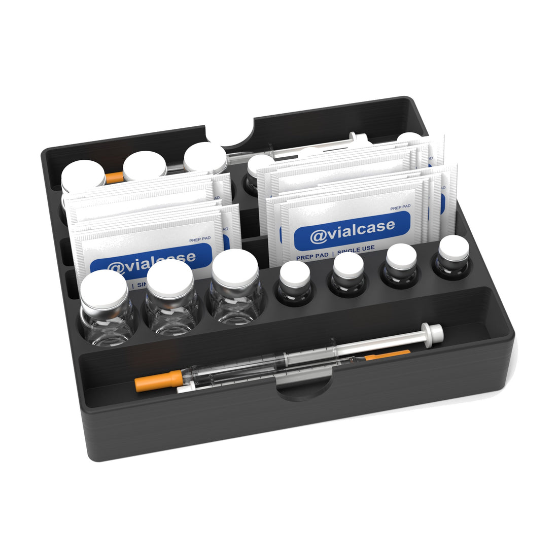 Staged: VialCase Fridge Tray Shelf in Black - vials, syringes and prep pads shown are not included