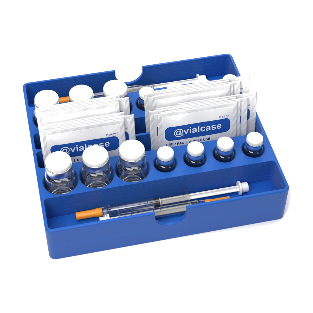 Staged: VialCase Fridge Tray Shelf in Cobalt Blue - vials, syringes and prep pads shown are not included