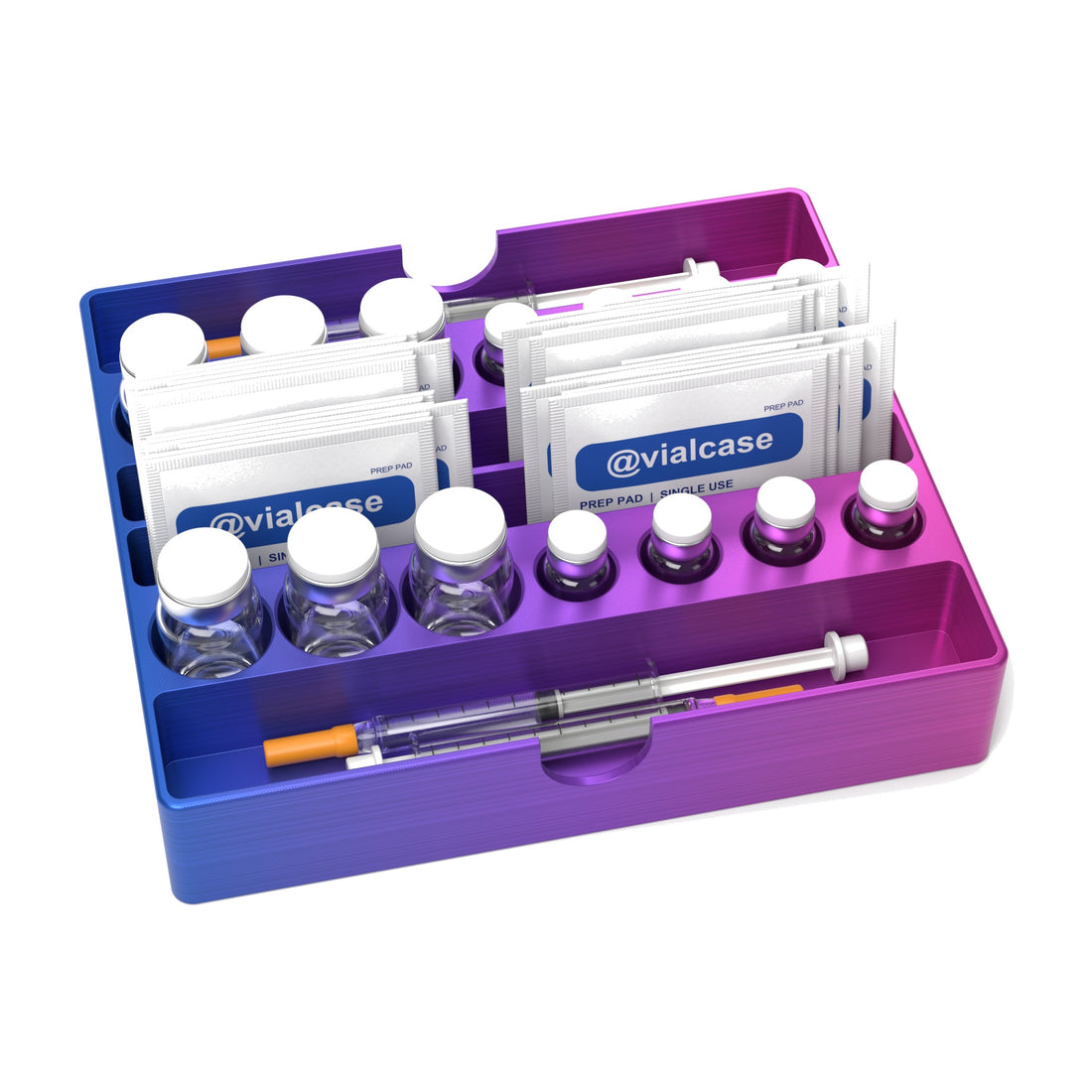 Staged: VialCase Fridge Tray Shelf in RGB Metallic - vials, syringes and prep pads shown are not included