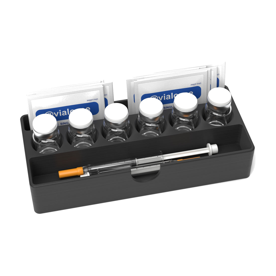 Staged: VialCase Fridge Tray AIO Small 6 x 10 mL in Black - vials, syringes and prep pads shown are not included