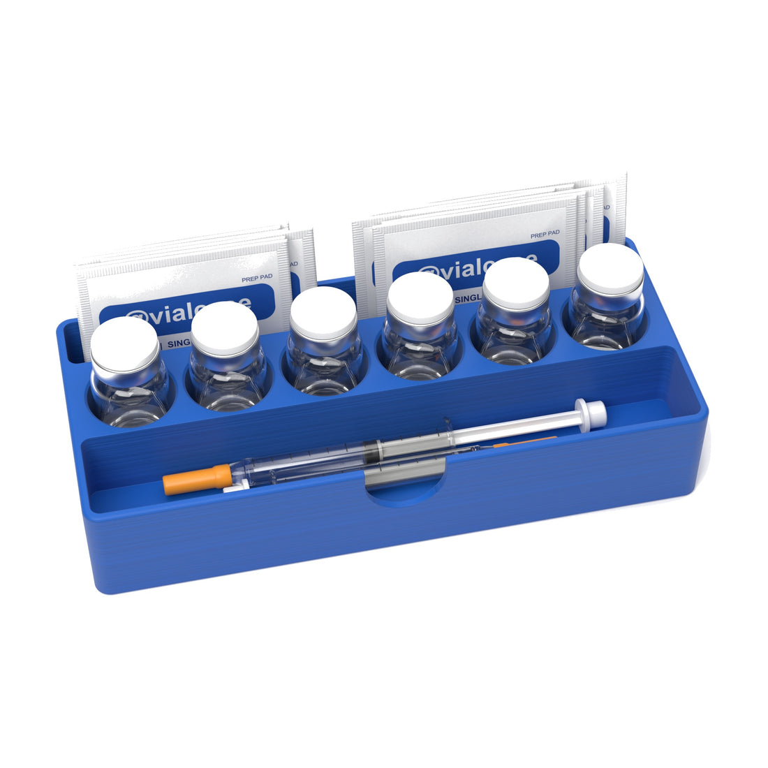 Staged: VialCase Fridge Tray AIO Small 6 x 10 mL in Cobalt Blue - vials, syringes and prep pads shown are not included