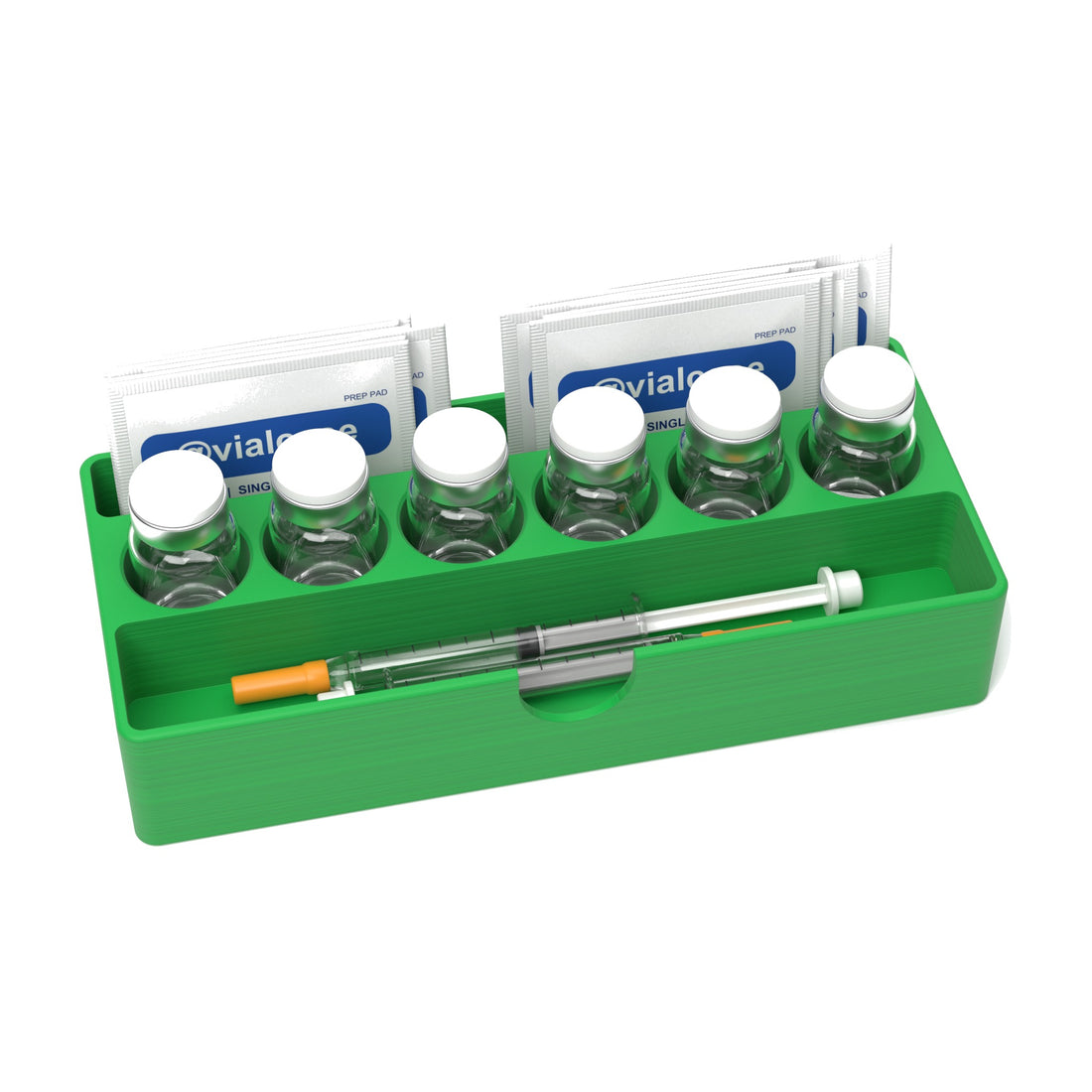 Staged: VialCase Fridge Tray AIO Small 6 x 10 mL in Cyber Green - vials, syringes and prep pads shown are not included