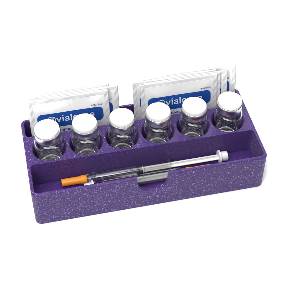 Staged: VialCase Fridge Tray AIO Small 6 x 10 mL in Galaxy Purple - vials, syringes and prep pads shown are not included