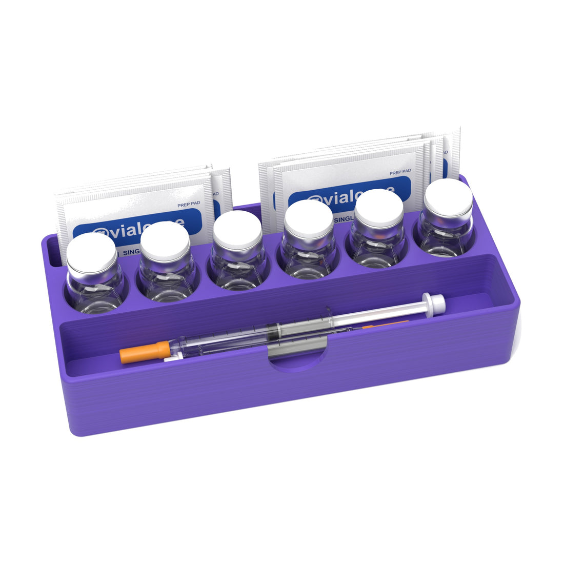 Staged: VialCase Fridge Tray AIO Small 6 x 10 mL in Purple - vials, syringes and prep pads shown are not included