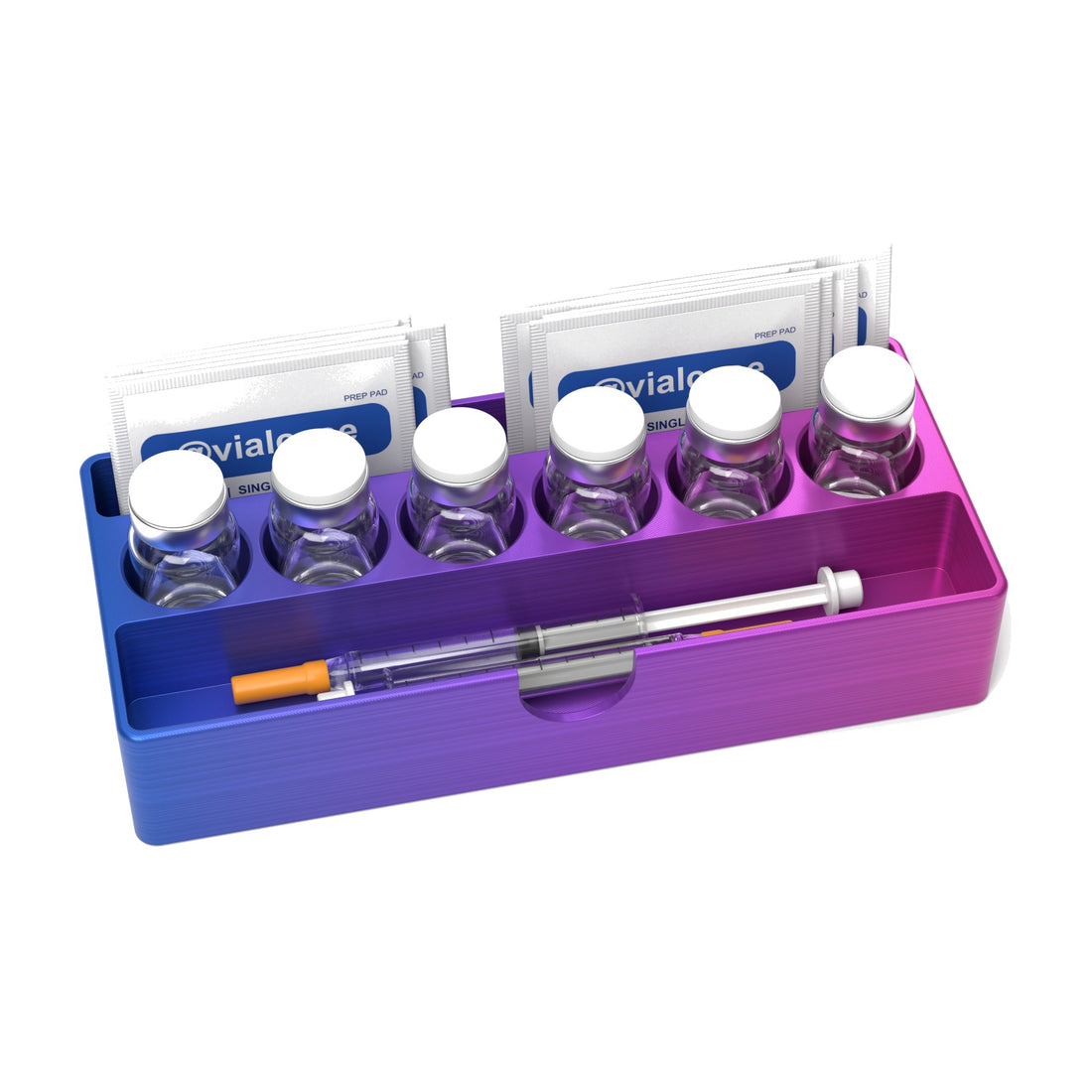 Staged: VialCase Fridge Tray AIO Small 6 x 10 mL in RGB Metallic - vials, syringes and prep pads shown are not included