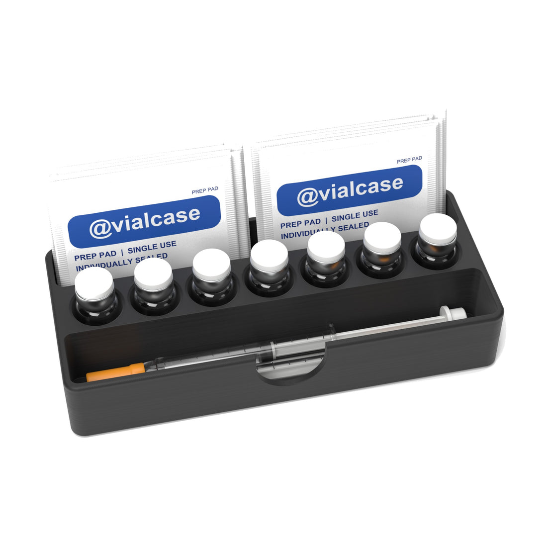 Staged: VialCase Fridge Tray AIO Small 7 x 3 mL in Black - vials, syringes and prep pads shown are not included