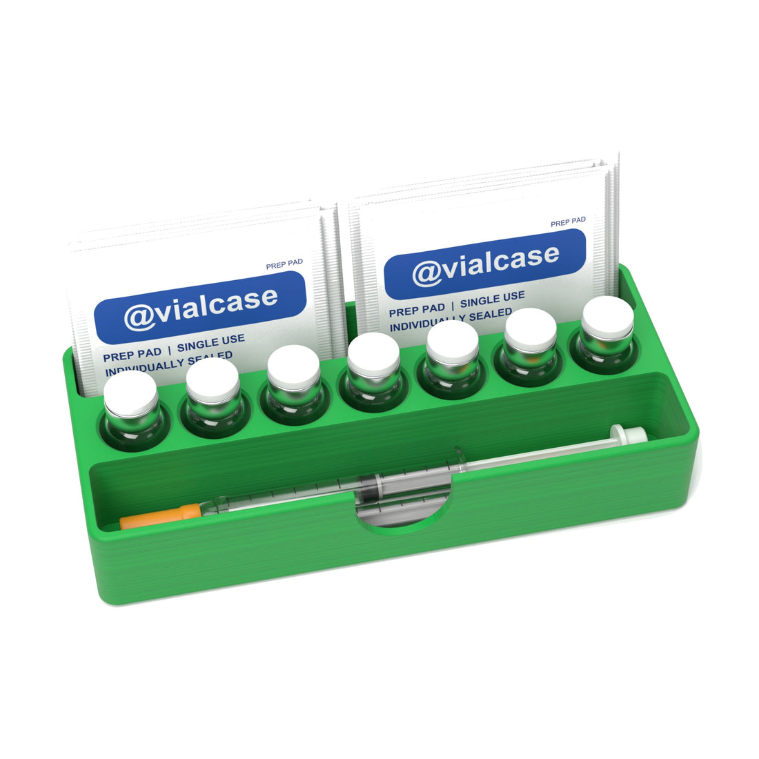 Staged: VialCase Fridge Tray AIO Small 7 x 3 mL in Cyber Green - vials, syringes and prep pads shown are not included