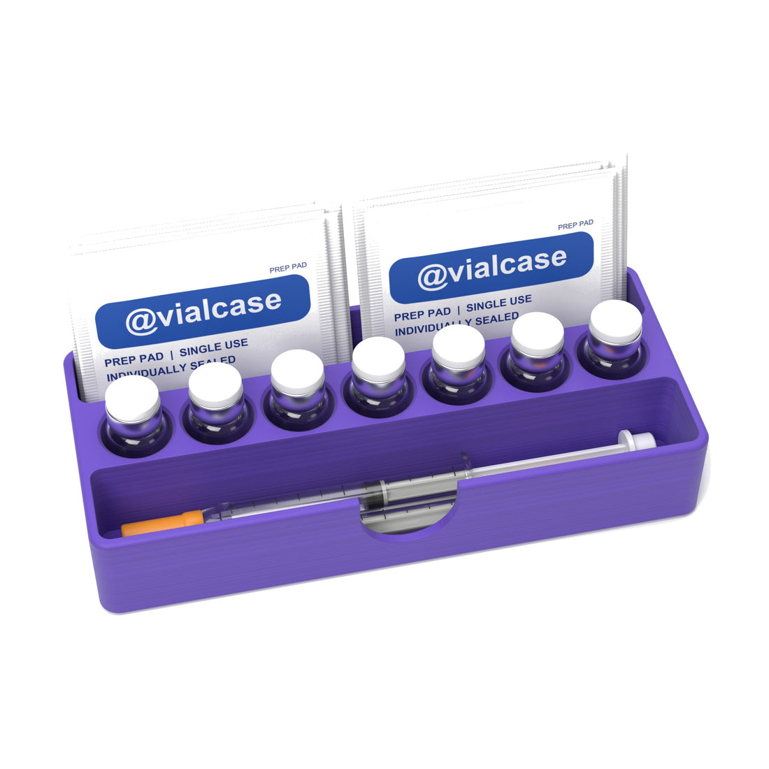 Staged: VialCase Fridge Tray AIO Small 7 x 3 mL in Purple - vials, syringes and prep pads shown are not included