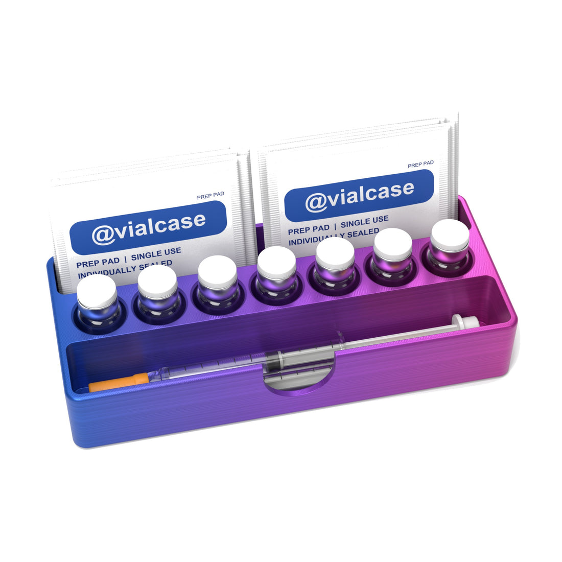 Staged: VialCase Fridge Tray AIO Small 7 x 3 mL in RGB Metallic - vials, syringes and prep pads shown are not included