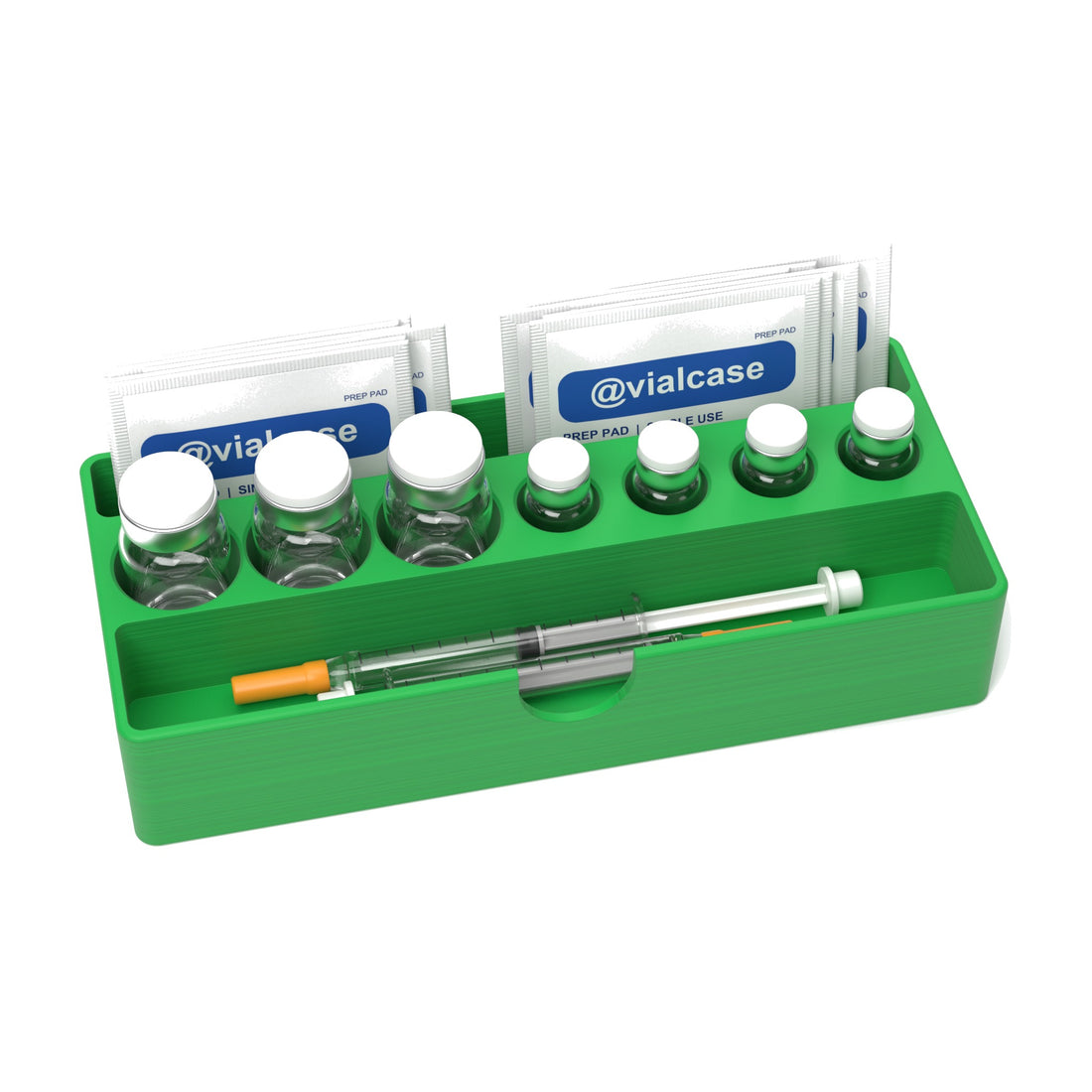 Staged: VialCase Fridge Tray AIO Small Mixed in Cyber Green - vials, syringes and prep pads shown are not included