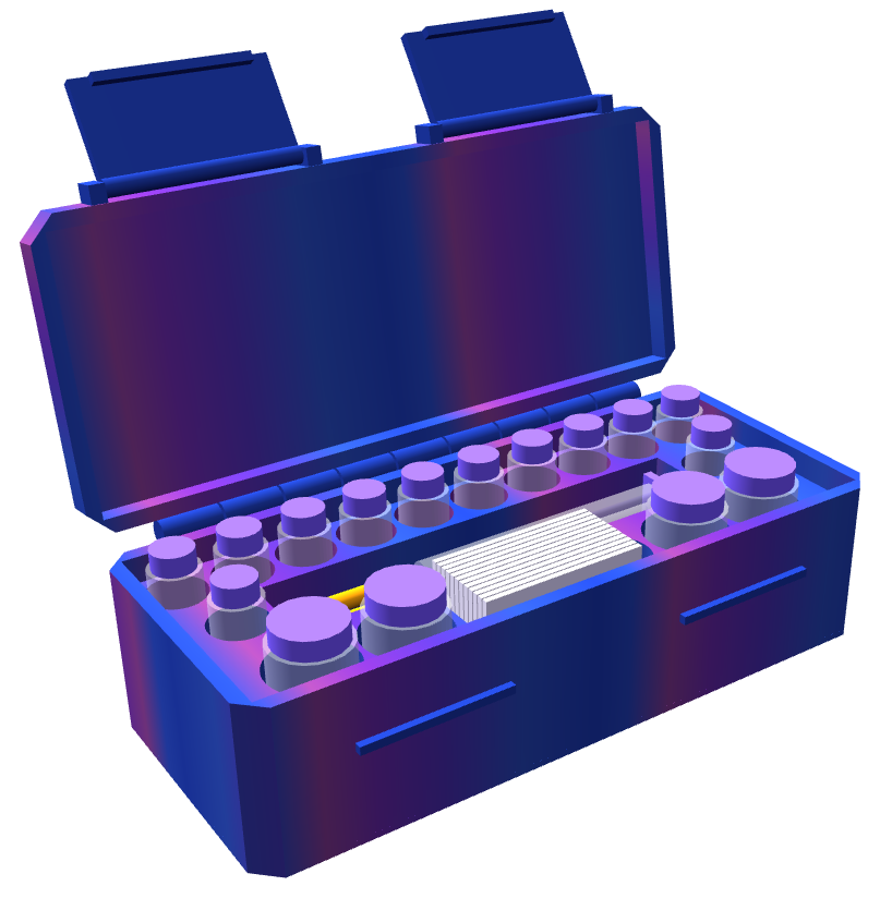 A custom vial case built to hold 12 x 3 mL and 4 x 10 mL vials, syringes and alcohol pads